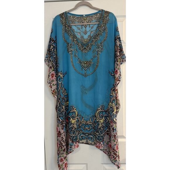 Kaftan Kimono Dress Sz XL Blue Sequins Summer Beach Wear CoverUp Vacation Cruise - Picture 1 of 13